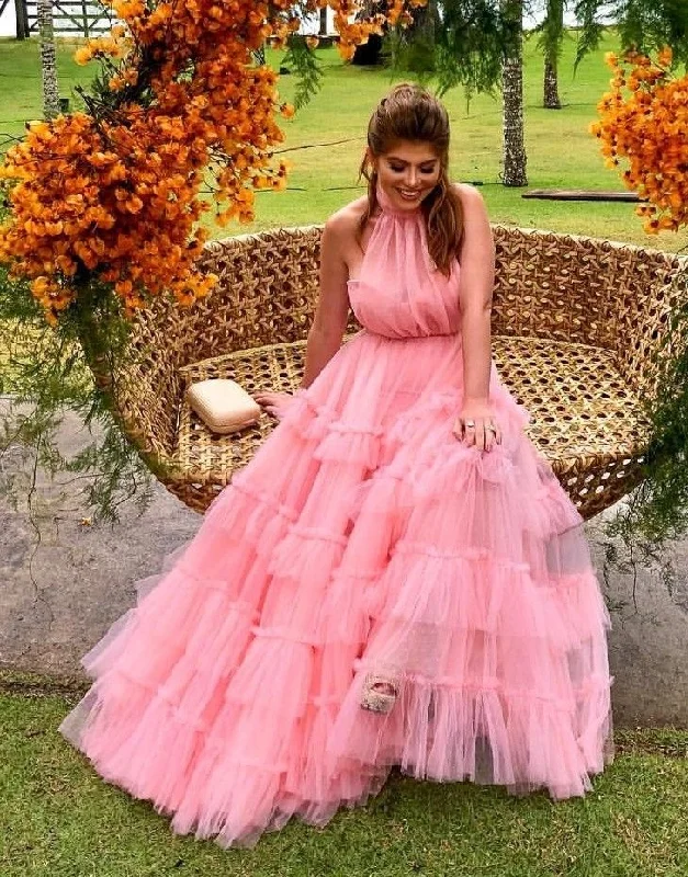 sexy evening dress for date -A Line Layered Pink Prom Dresses Long,Pink Formal Evening Dresses cc542