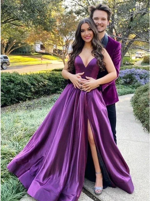 white evening dress for summer -A-Line Long Purple Prom Dresses V neck Satin Evening Gown c3251