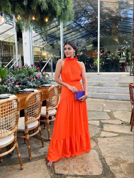 elegant evening dress for women -A-line Orange Prom Dress Summer Fashion Halter Pure Color Dress Elegant Style Ladies Swing Dress cc778