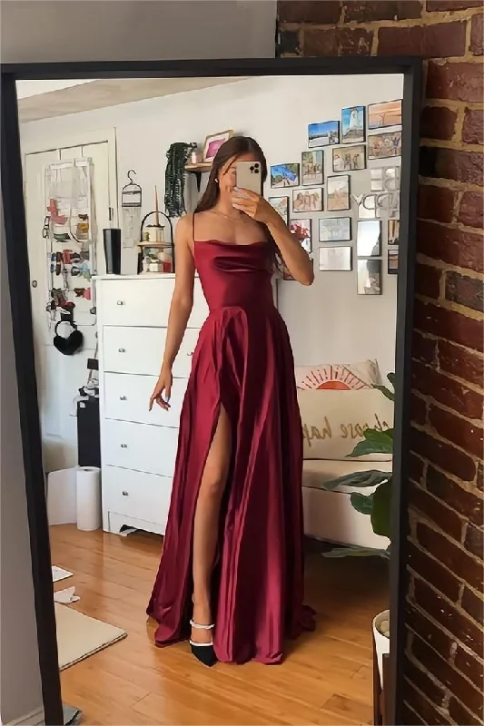 affordable evening dress for date -A Line Spaghetti Straps Burgundy Long Prom Dress with Split Front  cc510