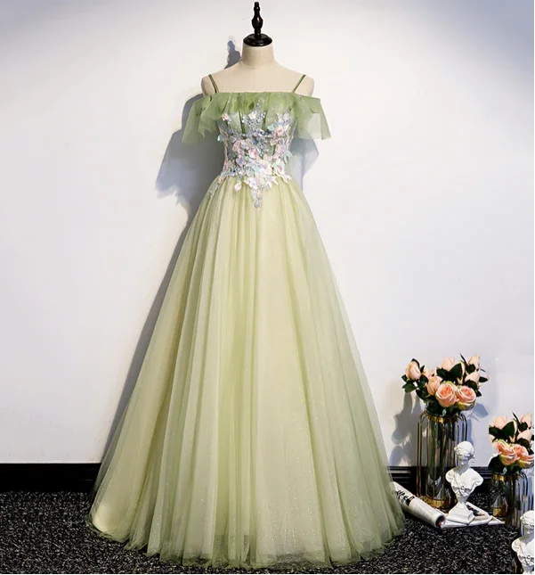 black evening dress for girls -Light Green Pleated Floral Embroidery Long Prom Dress Medieval Renaissance Gown  cc23