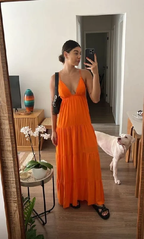 black evening dress for women -A-line V Neck Orange Chiffon Prom Dress,Orange Beach Dress cc523