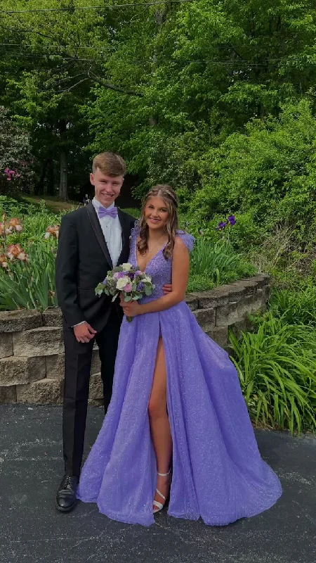 floral evening dress for summer -A-line V Neck Purple Prom Dress,Purple Evening Dress cc811