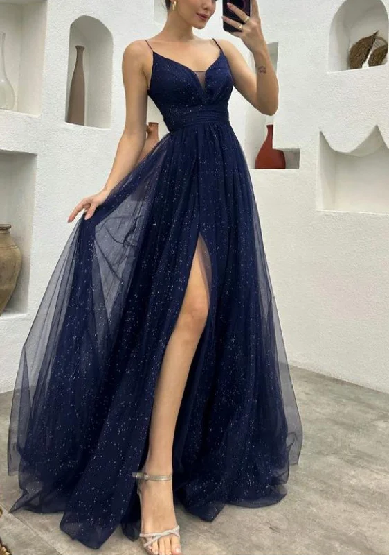 evening dress with chic ruffles -A-Line V Neck Sparkly Long Evening Prom Dress cc678