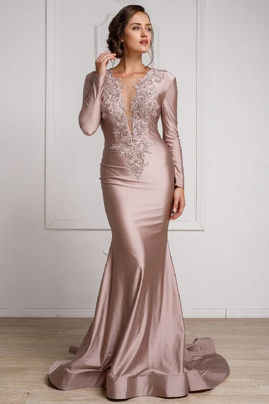 evening dress with unique ruffles -Applique Long Sleeve Lycra Gown by Amelia Couture 382