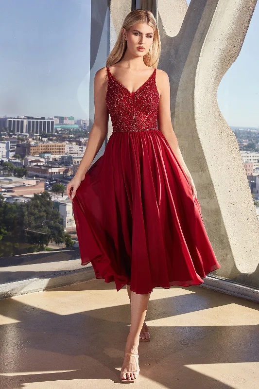 red evening dress for date -Beaded Chiffon V-Neck Tea Length Dress by Ladivine CD0225