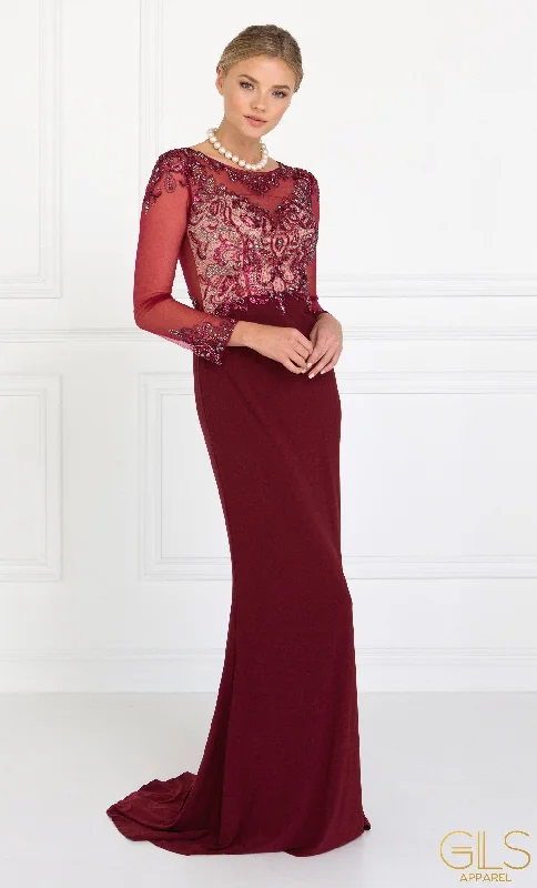 evening dress with floral lace -Beaded Illusion Long Sleeve Gown by Elizabeth K GL1506