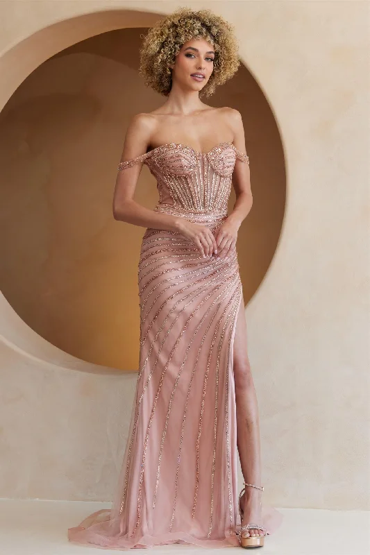 chic evening dress for summer -Beaded Off Shoulder Slit Gown by Amelia Couture TM1029