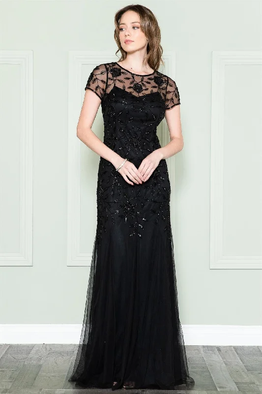 elegant evening dress for nightlife -Beaded Short Sleeve Mesh Gown by Amelia Couture IN002