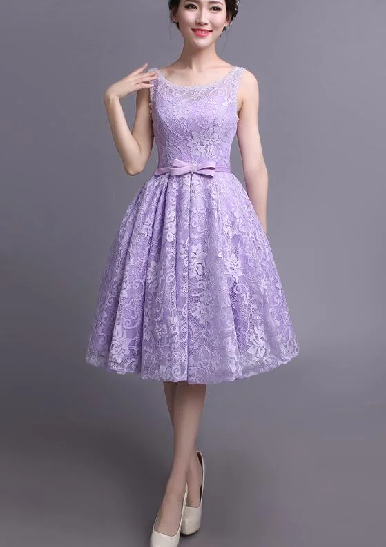 cute evening dress for women -Beautiful Light Purple Lace Knee Length Wedding Party Dress, Round Neckline Short Prom Dress c3171