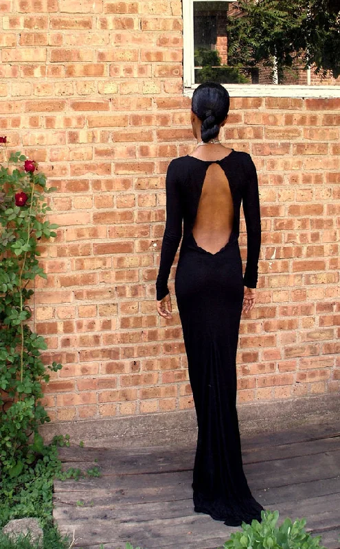 evening dress with floral lace -Black Backless Full Length Gown, Black Prom Dress, Black Formal Dress, Long Sleeves Prom Gown, Black Evening Dress cc155