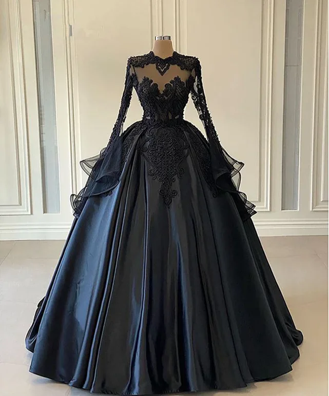 evening dress with chic prints -Puffy Ball Gown Women Long Sleeve Evening Dress Black Lace Twill Satin Beaded Dubai Style Formal Prom Dresses c3303