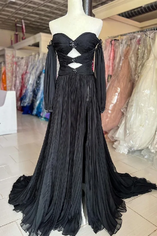 sexy evening dress for summer -Black Rhinestones Strapless A-Line Prom Dress with Sleeves cc892