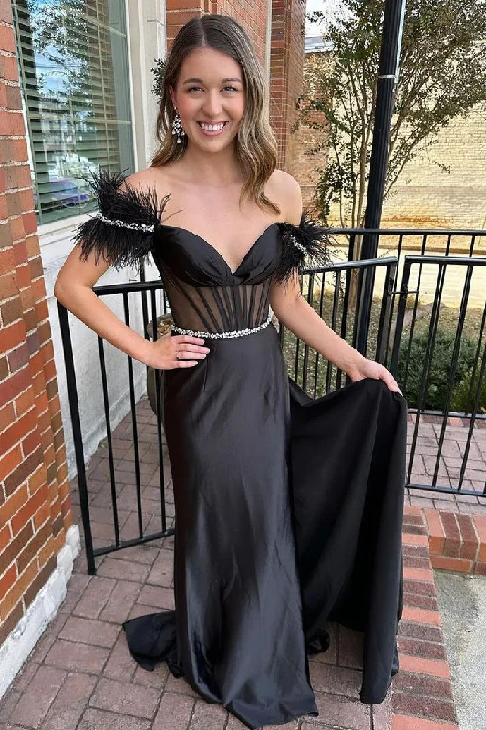 affordable evening dress for summer -Black Satin Feather Off the Shoulder Mermaid Long Prom Dresses cc893