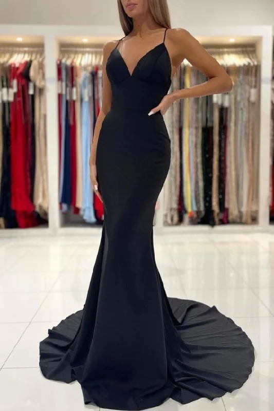 striped evening dress for sale -Black V-Neck Spaghetti-Straps Prom Dress Mermaid Sleeveless cc433