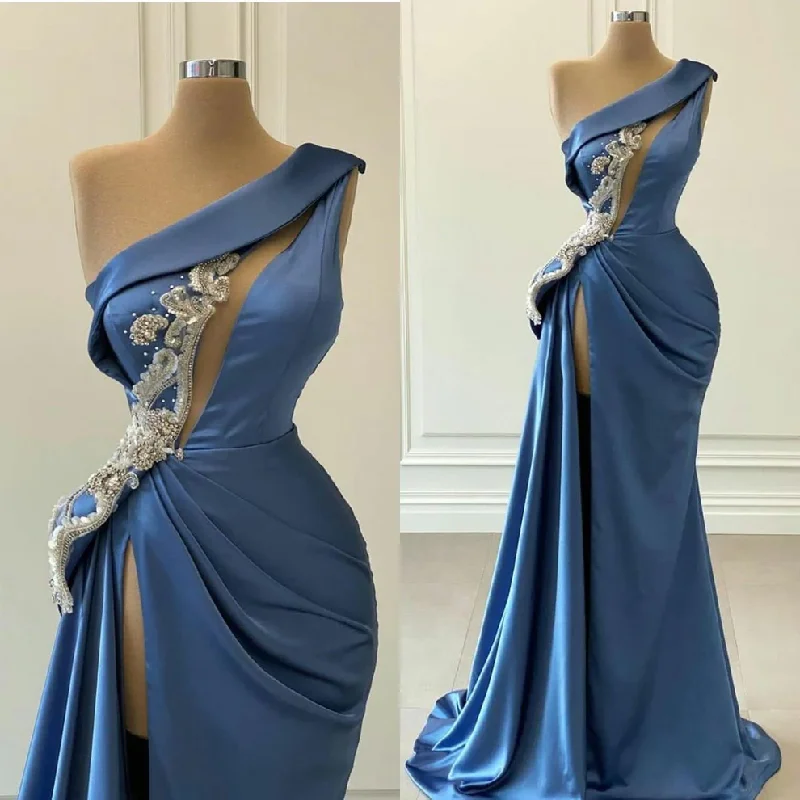 trendy evening dress for club -Blue Sexy Arabic Evening Gowns Robes Customize Party Dress  Mermaid One Shoulder High Side Split Satin Beads Prom Dresses c2723