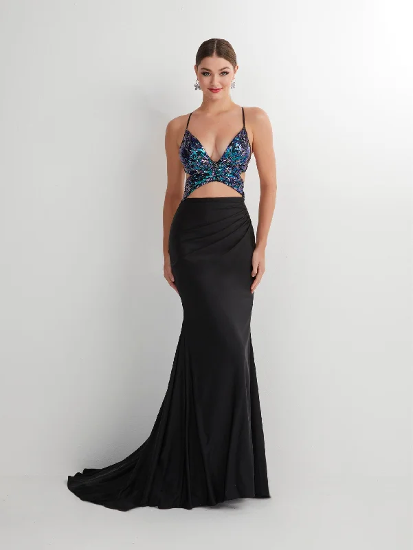 black evening dress for spring -Butterfly Sequin Print Two Piece Gown by Studio 17 12892