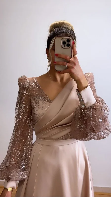 trendy evening dress for party -Champagne Evening Dress For Wedding Party V-Neck Satin Glitter Prom Dress Long Puffy Sleeves  cc685