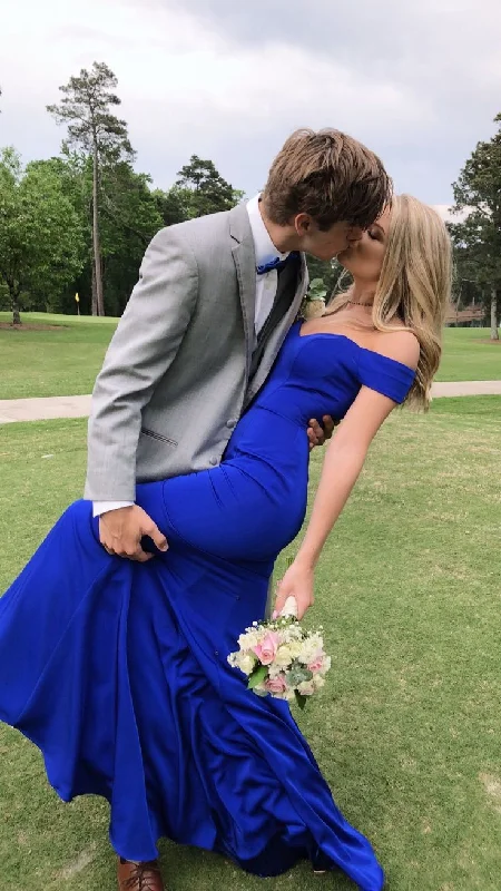 sexy evening dress for summer -Charming Mermaid Off the Shoulder Royal Blue Satin Prom Dresses,Evening Dresses cc707