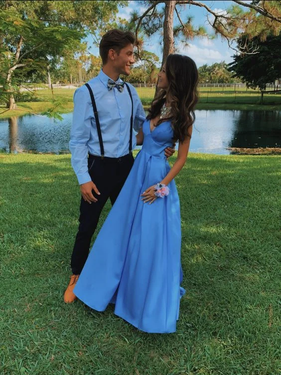 chic evening dress for summer -Chic A-line Blue V Neck Prom Dress,Blue Formal Dress  cc922