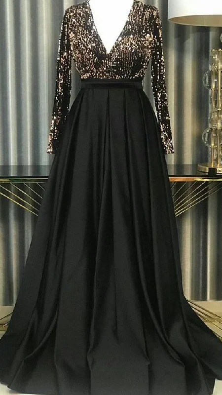 cute evening dress for women -Chic Black A-line Long Sleeves Prom Dress,Black Formal Dress cc903