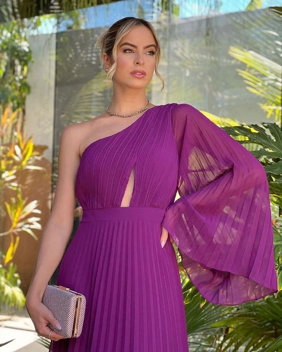 affordable evening dress for summer -Chic Purple One Sleeve A-line Pleated Prom Dress cc699