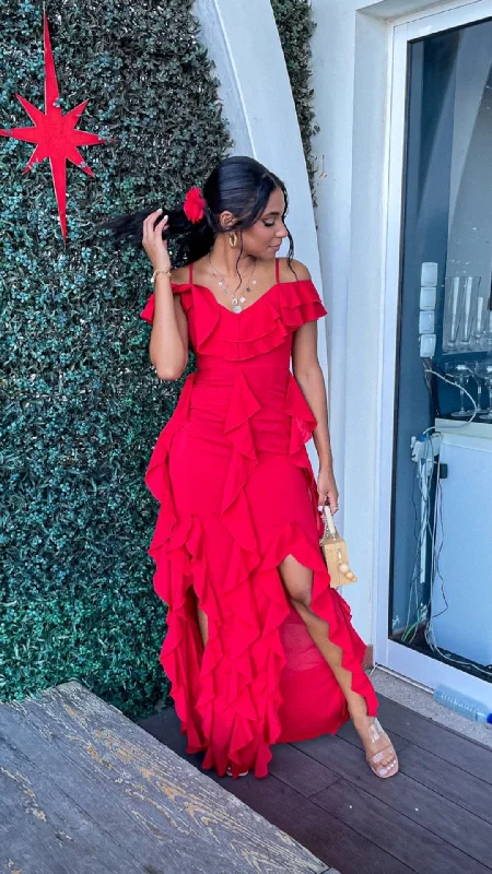 red evening dress for club -Chic Red Sheath Ruffle Prom Dress,Red Evening Dress cc713