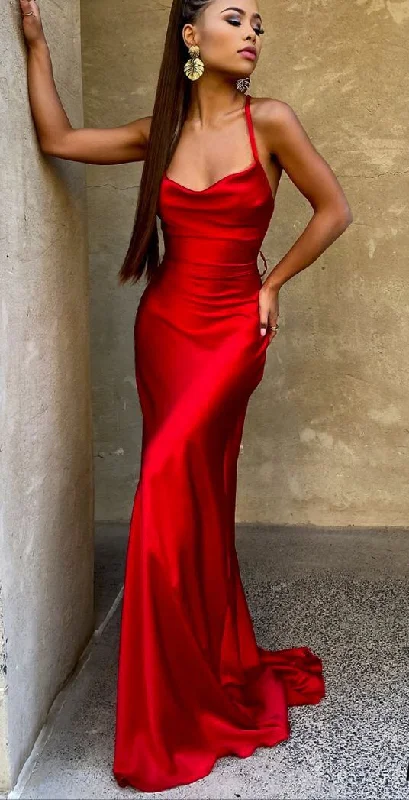 sexy evening dress for women -Classic Mermaid Red Cowl Neck Satin Prom Dress cc680