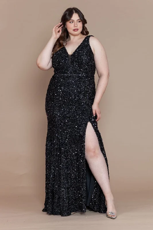 evening dress with unique sleeves -Plus Size Fitted Sleeveless Sequin Slit Gown by Poly USA W1122