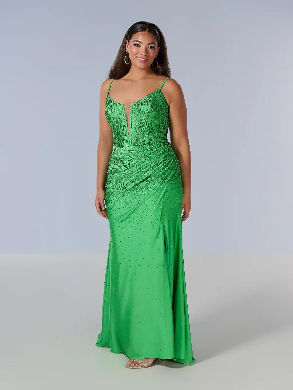 affordable evening dress for party -Curvy Fitted V-Neck Slit Gown by Tiffany Designs 16194