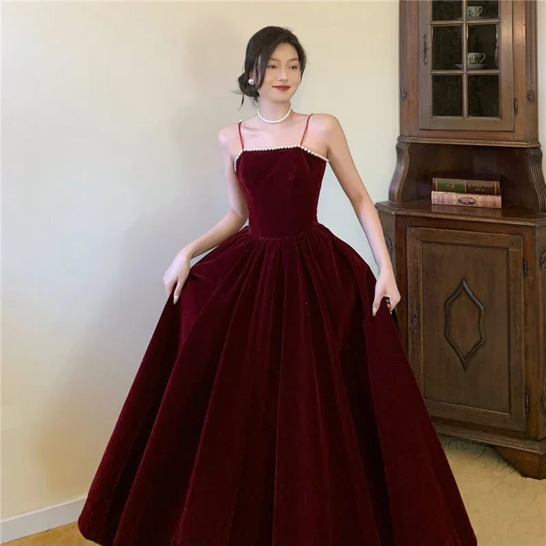 red evening dress for party -Dark Burgundy Spaghetti Straps Dress Women Prom Dress Birthday Party Dress Event Gown Dress c2921