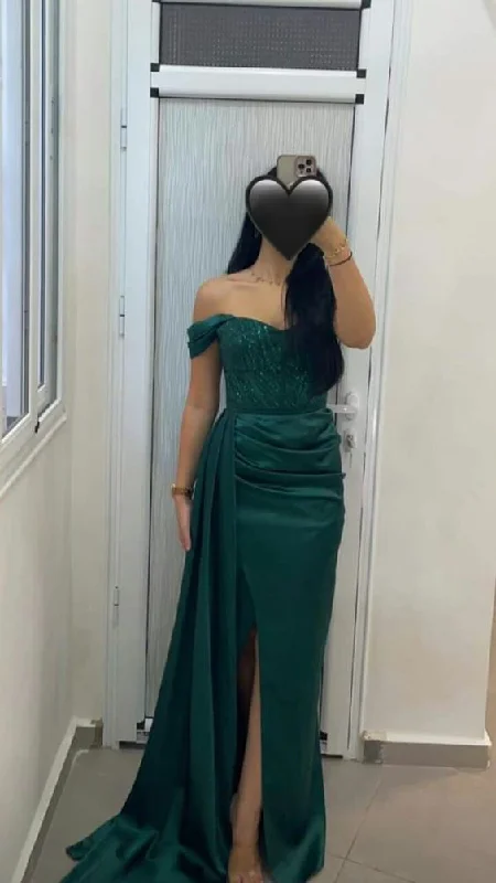 cute evening dress for women -Dark Green Satin Off Shoulder Mermaid Side Slit Long Evening Prom Dresses cc894