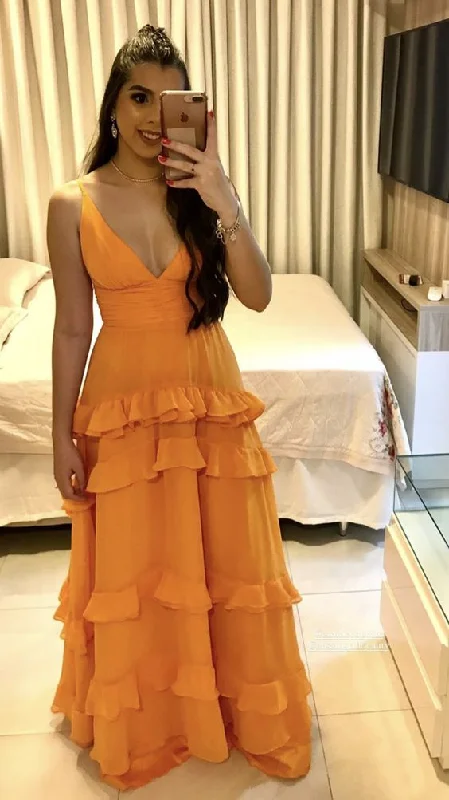 trendy evening dress for party -Elegant A-line Orange V Neck Long Prom Dress  cc546