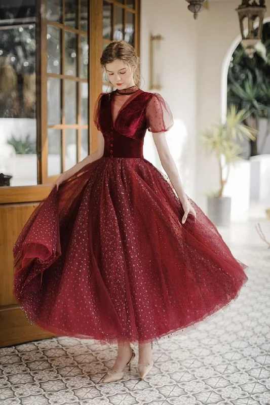 backless evening dress chic -Elegant A line short prom dress burgundy evening dress c2824