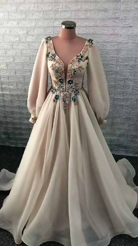 affordable evening dress for date -Elegant A-line V Neck Long Sleeves Prom Dress,Modest Prom Gown cc682