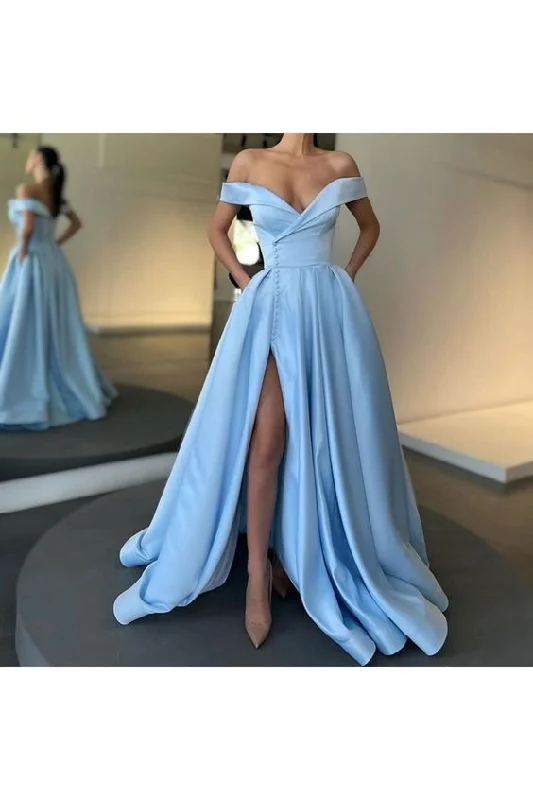 cute evening dress for summer -Elegant Long Blue Satin Off the Shoulder Prom Dress Formal Evening Gowns cc475