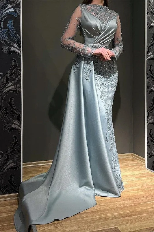 black evening dress for women -Elegant Long Mermaid Jewel Satin Appliques Lace Beading Prom Dress with Sleeves cc686