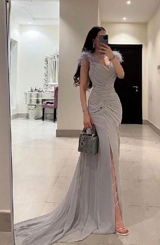 trendy evening dress for women -Elegant Mermaid Prom Dress For Women Feather V-Neck Pleat Split Party Evening Dress cc584