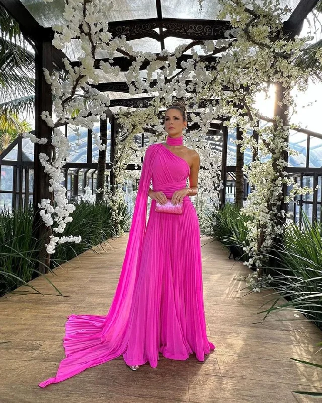 cute evening dress for women -Elegant One Shoulder Evening Dress Women Pleated Chiffon High Neck A Line Floor Length Party Formal Occasion Prom Gown cc655