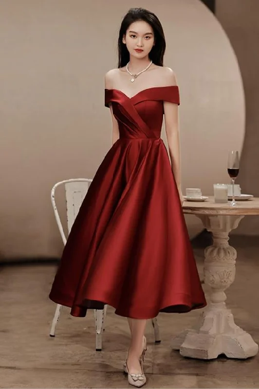 velvet evening dress for winter -Elegant Satin Tea Length Party Dress, Wine Red Short Prom Dresses c2823