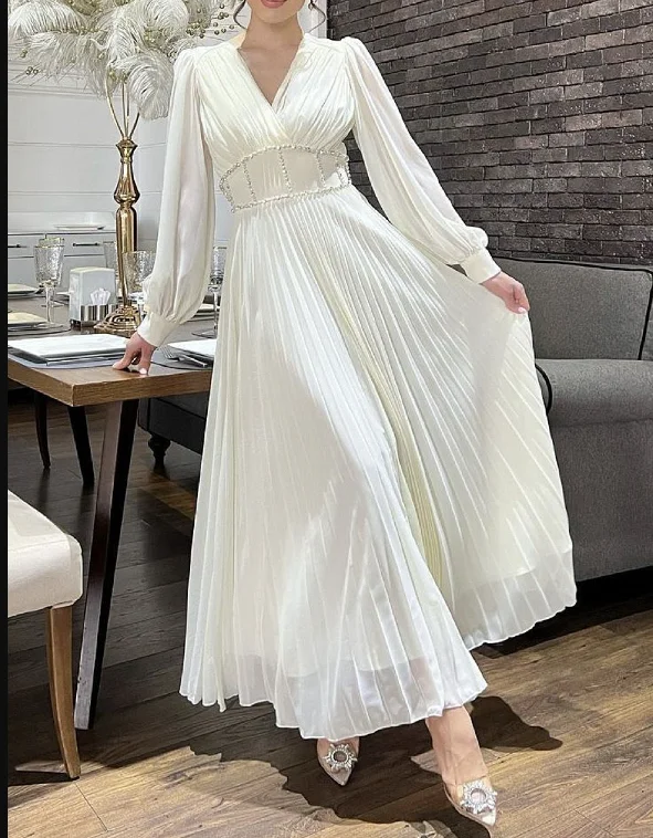 trendy evening dress with ruffles -Elegant White Long Sleeves Prom Dress,White Evening Dress cc638