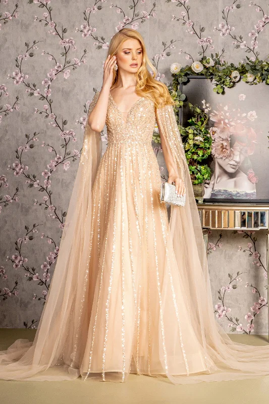 affordable evening dress for girls -Embellished Cape Sleeve A-line Gown by GLS Gloria GL3494