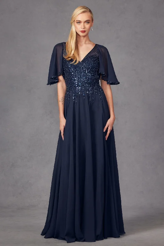 affordable evening dress for party -Embellished Chiffon Flutter Sleeve A-line Gown by Juliet JTM14F