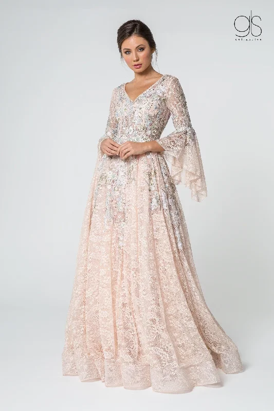 evening dress with chic prints -Embroidered Lace Ballgown with Bell Sleeves by Elizabeth K GL1592