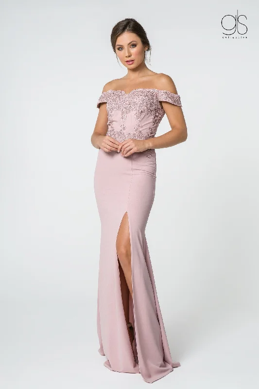 evening dress with floral sleeves -Embroidered Long Off Shoulder Dress with Slit by Elizabeth K GL2708