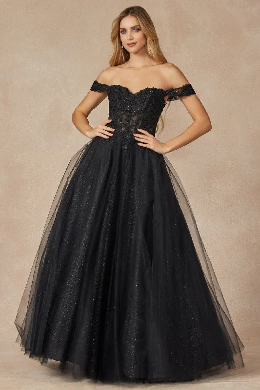 evening dress with bold design -Embroidered Off Shoulder Tulle Gown by Juliet 280