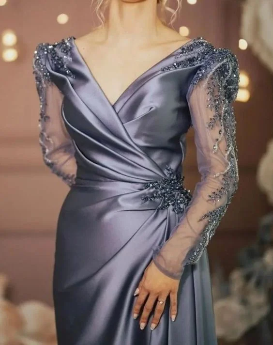 evening dress with bold design -Evening Formal Dresses Long Sleeves V Neck Beaded Elegant Women Wear Prom Dresses cc688