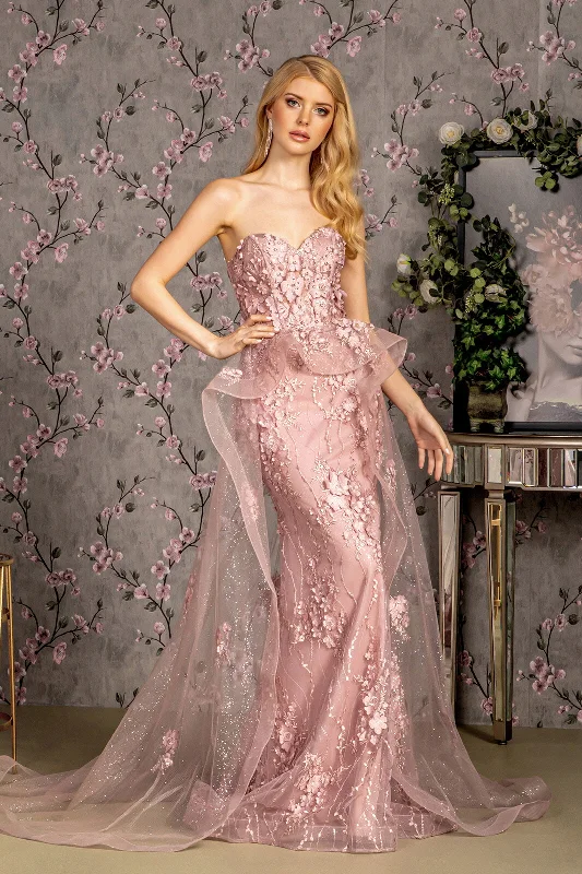 sexy evening dress for date -Fitted 3D Floral Strapless Overskirt Gown by GLS Gloria GL3257