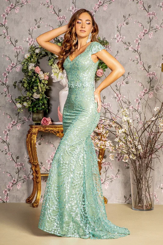 elegant evening dress for date -Fitted Glitter Print Short Sleeve Gown by GLS Gloria GL3414