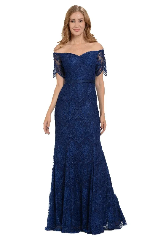 affordable evening dress for teens -Fitted Long Off Shoulder Lace Dress by Poly USA 8030